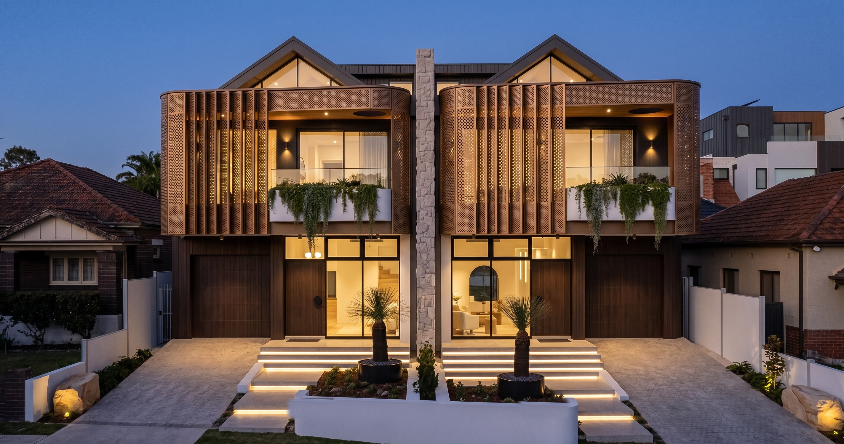 Architectural visualisation of a contemporary duplex with bronze screening and warm twilight lighting